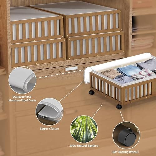 Under Bed Storage Containers with Wheels, 2 Pack Bamboo Under the Bed Shoe Storage Bins, Wood Rolling Underbed Drawers Organizer for Bedroom, Closet Clothes Blanket Comforter Under Crib Toy Walunt thumbnail 3