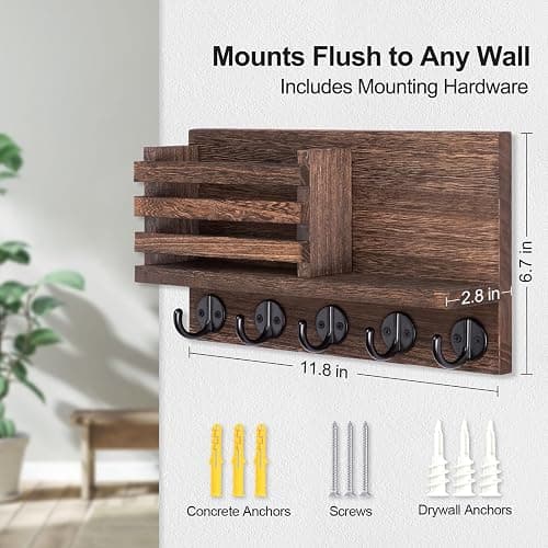 Lwenki Key Holder for Wall – Decorative Wooden Mail Holder and Key Shelf with Mounting Hardware, Installation Guide – Paulownia Wood with 5 Metal Key Hooks (11.8” x 6.7” x 2.8”) thumbnail 2