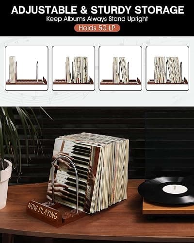 BS-VOG Now Playing Vinyl Record Stand, 50 LP Vinyl Record Storage with Non-slip Grooves, Wood Now Spinning Vinyl Record Holder for Albums Magazine Rack Magazine Organizer Record Display, Gift Package thumbnail 4