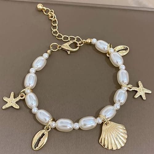 Qceasiy Shell Ankle Bracelet Set for Women, Gold Plated Boho Bead Adjustable Anklet, Hawaiian Beach Seashell Pearl Heart Starfish Conch Foot Jewelry Gifts thumbnail 4