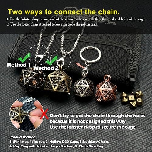 Haxtec Mini Metal DND Dice Set, Tiny Dice with D20 Hollow Cage Necklace & Keychain, Portable Micro D&D Dice for RPG, Cute Small Dice Set for Travel, Unique Dungeons and Dragons Gifts for Men Women thumbnail 8