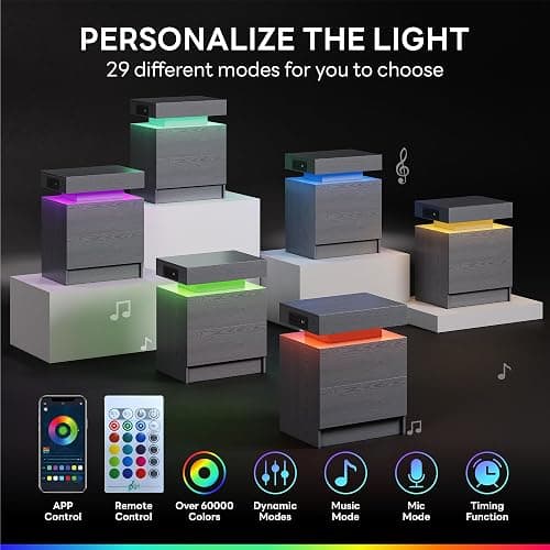LIKIMIO Night Stand with Charging Station, Modern Grey Nightstand with LED Light and Drawers, Bedside Tables/End Table for Bedroom thumbnail 4