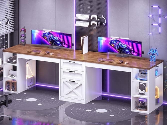 SEDETA Farmhouse 96.5" Computer Desk with Drawers, 2 Person Home Office Desk, Gaming Double Desk with Storage Shelves, Long Two Person Writing Desk (White and Brown) thumbnail 3