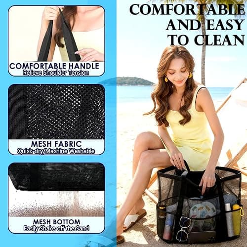 Fammart Mesh Beach Bag, Large Beach Tote with Zipper Pocket, Toys Pool Bag for Family Travel Vacation Cruise Essentials thumbnail 6