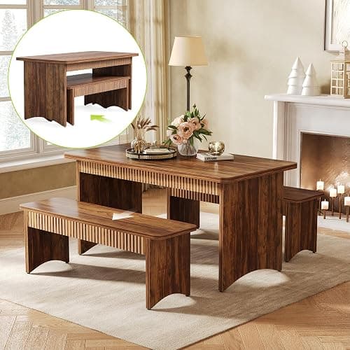 LITTLE TREE 55" Dining Table with 2 Benches, Dining Table Set for 4-6 People, Farmhouse Kitchen Table with Bench, Dining Room Table Set thumbnail 4