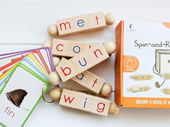 LITTLE BUD KIDS Spin-and-Read Montessori Phonetic Reading Blocks with CVC Phonics Flashcards for Beginner Readers, Montessori Reading Wooden Toys for 3 Years + thumbnail 9
