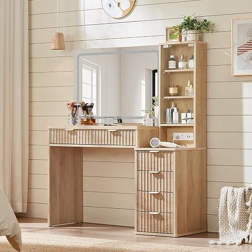 LEYAOYAO Vanity Desk with Mirror and Lights, 43.5'' Fluted Makeup Vanity with 6 Drawers and Adjustable Shelves, Natural Wood Make Up Vanity Dressing Table with Glass Top and Power Outlet for Bedroom - Natural Wood thumbnail 7