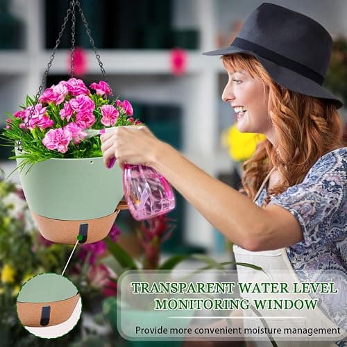 Fielda 10 Inch Hanging Planters for Indoor Plants, 2 Pack Self Watering Hanging Baskets Flower Pots with Drainage Hole, Visual Reservoir & 2 Kinds of Plant Hanger for Outdoor Garden Home Decor thumbnail 8