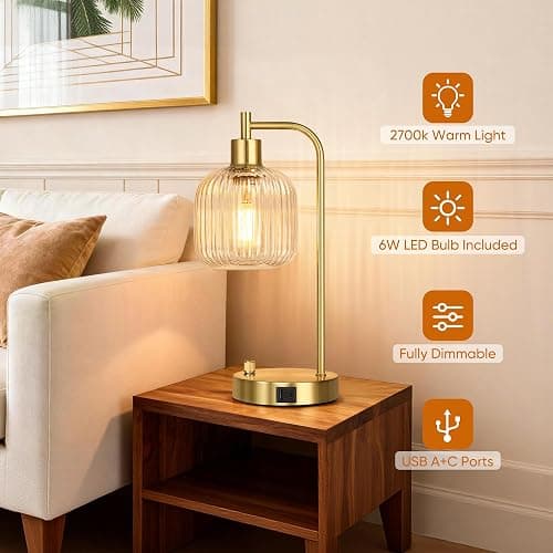 QiMH Industrial Table Lamp for Bedroom Set of 2, Clear Glass Beside Lamp with USB A&C Ports, Stepless Dimmable Gold Lamps, Nightstand Lamps for Living Room, Office, Home Decor(Bulb Included) thumbnail 4