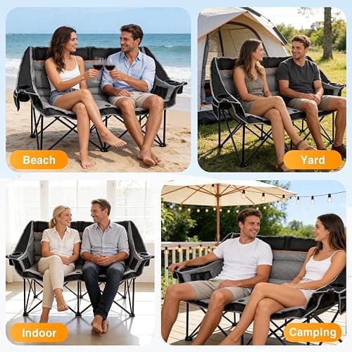 Suteck Double Camping Chair, 660lbs Oversized Camping Couch w/Independent Seats, Folding Camping Loveseat w/2 Cup & Wine Glass Holders, 1200D Oxford, Side Pocket & Carry Bag, for Camping, Lawn, Patio thumbnail 7