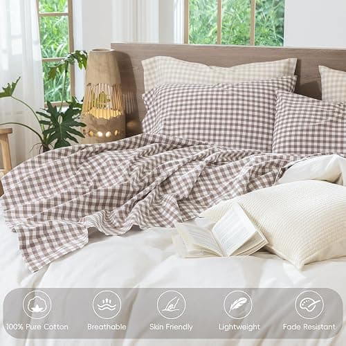 MooMee Gingham Sheet Set 100% Washed Cotton Linen Like Textured Breathable Soft w/Fully Elasticized 16-19" Deep Pocket (Classic Gingham Brown, Queen) thumbnail 4