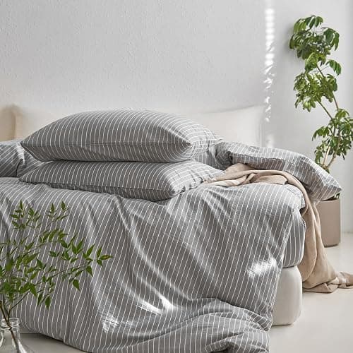 MooMee Striped Duvet Cover Set 100% Washed Cotton Linen Like Textured Breathable Durable Soft Comfy (Light Grey White Wide Stripes, Oversized Queen 98"x98") thumbnail 5