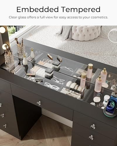 Otterease Black Makeup Vanity, 11 Drawers Vanity with Mirror and 12 LED Lights, Makeup Vanity Desk with 3 Lighting Modes Adjustable Brightness, Vanity with Glass Top for Bedroom thumbnail 5