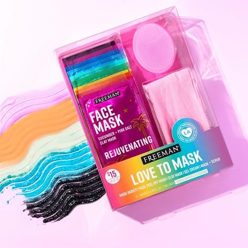 Freeman Facial Love To Mask Variety Pack: Oil Absorbing Clay, Detoxifying Charcoal, Clearing Peel Off, Hydrating Gel Cream, Exfoliating Scrub (14 Piece Kit with Bonus Buffer and Headband) thumbnail 6