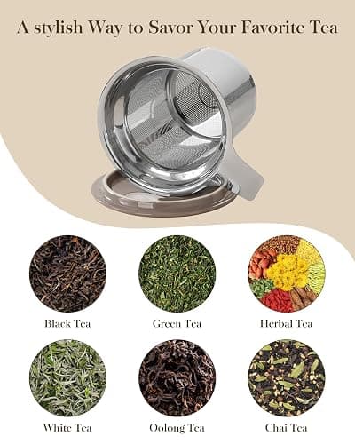 MALACASA Ceramic Tea Mug with Lid and Stainless Steel Infuser, 18 oz Large Tea Cup for Loose Leaf Tea, Heat-Resistant, Microwave & Dishwasher Safe, Speckled Glaze Coffee & Tea Brewer Mug, Khaki Brown thumbnail 7