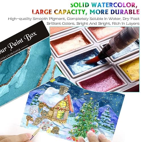 RATEL Aquarellfarben-Set, Aquarellkasten -- 48 feste Farbpigmente + 1 hochwertiger Pinsel + 20 Blätter + 2 Aquarellstifte, wasserlösliches und leicht zu mischendes Aquarellfarben-Set thumbnail 2