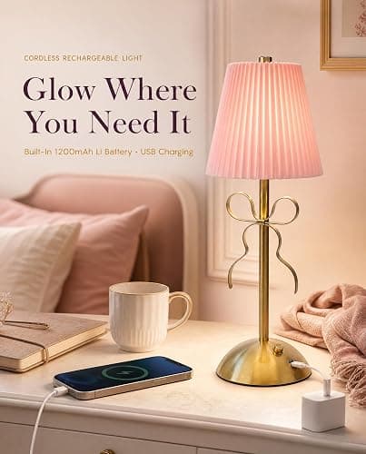 Sorandy Bow Table Lamp, LED Rechargeable Cute Bow Lamp, Modern Decorative Bedside Light with Fabric Shade, Ideal for Bedroom, Living Room & Desk Decor, Princess Rooms, 1200mAh Li Battery (Roseate) thumbnail 3