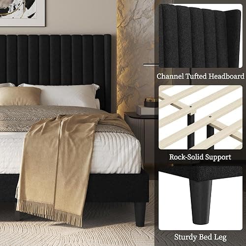 Yaheetech Queen Bed Frame Upholstered Platform Bed with Fabric Headboard, Wing Edge Design/Non-Slip and Noise-Free/Wooden Slats Support/No Box Spring Needed/Easy Assembly, Black Queen Bed thumbnail 4