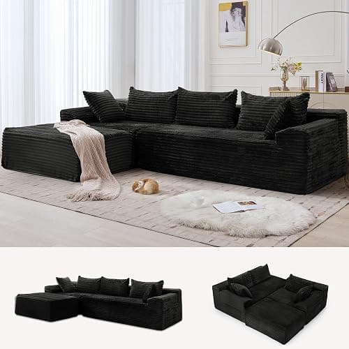 Korser 108" L-Shaped Modular Sectional Sofa with Chaise, Boneless Comfy Corduroy Fluffy Couch with Deep Seat and Side Pockets, Flexible Module Combination for Living Room, No Assembly, Side Pockets - Image 1