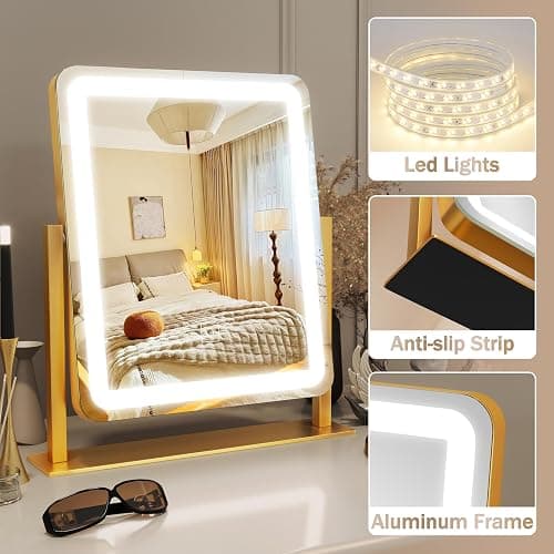ROLOVE Gold Vanity Mirror with Lights, 15"x13" Lighted Makeup Mirror with Smart Touch, 3-Color Dimmable Lighting, 360° Rotation, Tabletop Mirror for Desk or Bedroom thumbnail 6