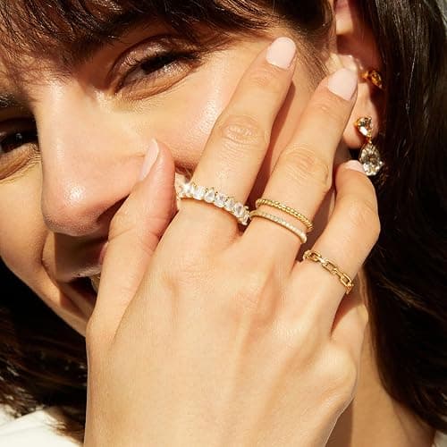 RLMOON 8-12PCS 14K Gold Stacking Ring Set for Women Dainty Thumb Stackable Rings Gold Heart CZ Non Tarnish Rings Plain Band Size 4-11 thumbnail 3