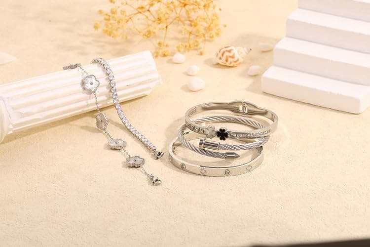 Camhanno Silver Bangle Bracelets for Women - Stainless Steel Stackable Bangles Non-Tarnish Clover Lucky Charm Bracelets, Trendy Gift for Girlfriend/Wife on Christmas Valentine’s Birthday thumbnail 8