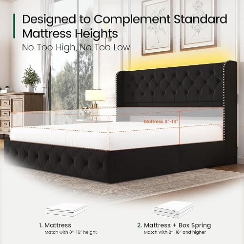 LARMACE King Size Bed Frame with LED Lights and 4 Storage Drawers Velvet Upholstered Platform Bed Frame with 47.2" Tall Tufted Headboard Wingback, No Box Spring Needed, Easy to Assemble, Black thumbnail 9