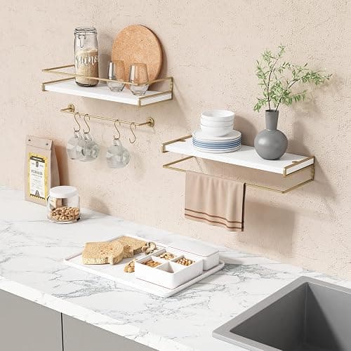 Forbena Floating Bathroom Shelves Wall Mounted, Aesthetic White and Gold Shelves for Bathroom Accessories, Modern Bathroom Organizer with Tower Bar for Wall Decor Storage Small Spaces, Set of 2 thumbnail 2