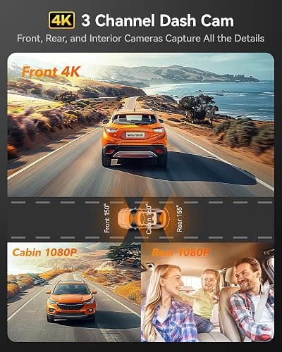 WOLFBOX i17 4K 3 Channel Dash Cam, 5.8GHz WiFi & GPS with 64GB Card, 4K+1080P+1080P Dash Cam Front and Rear Inside, Triple Car Camera with 3 Inch Screen, IR Night Vision, WDR, 24H Parking Mode thumbnail 2