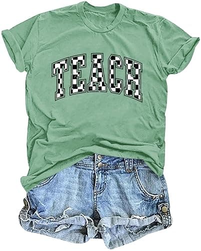 PICKID Teacher Shirts Women: Checkered Teach Printed T-Shirt Graphic Teaching Gifts Tees Casual Short Sleeve Tops - Image 1