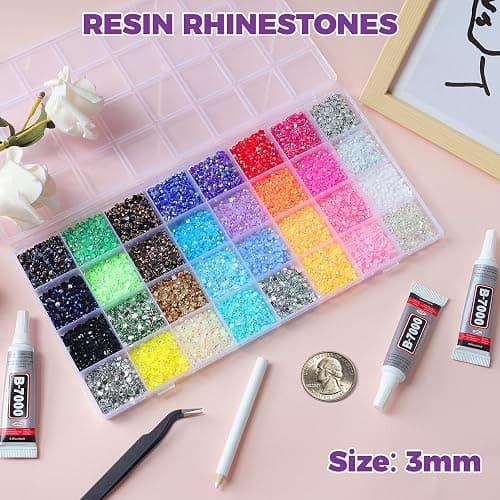 42000Pcs 32 Colors Jelly Resin Rhinestones for Bedazzling Kit, 3mm Multicolor Flatback Gems for Diamond Art, Bedazzler Kit with 3Pcs 10ml B7000 Jewelry Glue for Bedazzled Crafting Nail Book Decor thumbnail 2