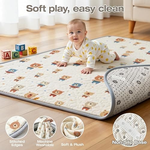 ZEEBABA Baby Playpen with Mat, 47x47in Beige for Babies & Toddlers | Machine Washable PlayMat cuts tedious scrubbing, Suction frame stops kid shifting, Outer zipper opens only externally thumbnail 4