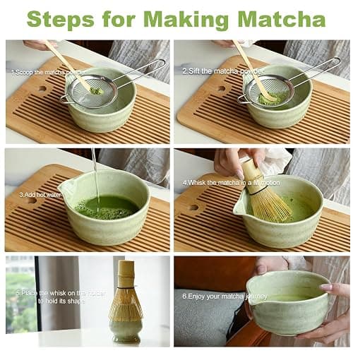 Green Matcha Whisk Making Set - Japanese Tea Kit with Whisk Bowl and Bamboo Scoop Ceramic Chawan with Spout for Traditional Tea Ceremony Complete Matcha Making Tools Gift for Tea Lovers (Green, 5 PCS) thumbnail 7