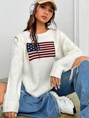 SweatyRocks Women's Flag Pattern Long Sleeve Round Neck Sweater Casual Loose Pullover Sweater thumbnail 3