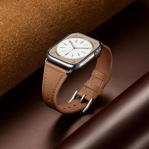 XCCYBTT Bands Compatible with Apple Watch Band 46mm 45mm 44mm Ultra 49mm | Genuine Leather Replacement Strap for iWatch Series 11/10/9/8/7/6/5/4/3/2/1 SE 3/2/1 Ultra 3 2 1 Women, Brown/Silver thumbnail 3