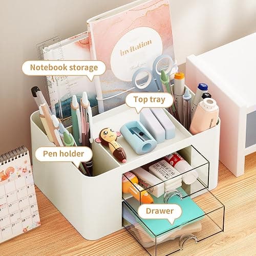 Marbrasse Plastic Pencil Holder for Desk, Pen Organizer with 2 Drawers | Desk Organizers and Accessories with 5 Compartments, Cosmetic Brush Holder for Office Art Supplies(Beige) thumbnail 4