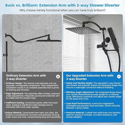 Hibbent All Metal CUPC Certified 10'' Rainfall Shower Head, Dual Shower Head Combo, High Pressure Handheld 4 Sprays Shower Wand, 16'' Adjustable Extension Arm, 71'' Hose, Shower Holder, Matte Black thumbnail 3