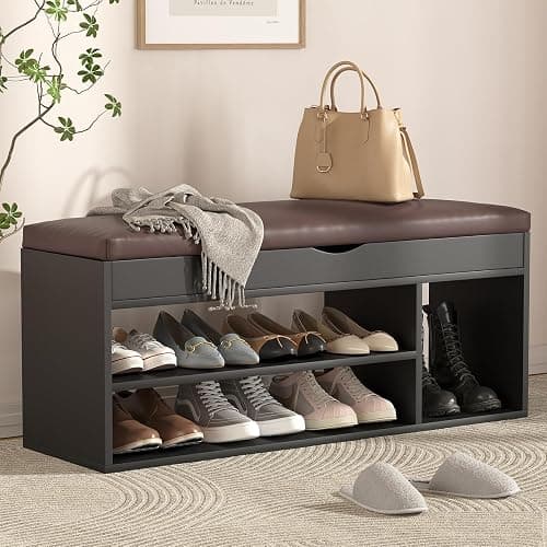Apicizon 39 Inches Storage Bench with Padded Cushion, Shoe Bench with Storage Space, Upholstered Entryway Bench for Living Room, 2-Tier Shoe Rack Organizer, Black - Image 1