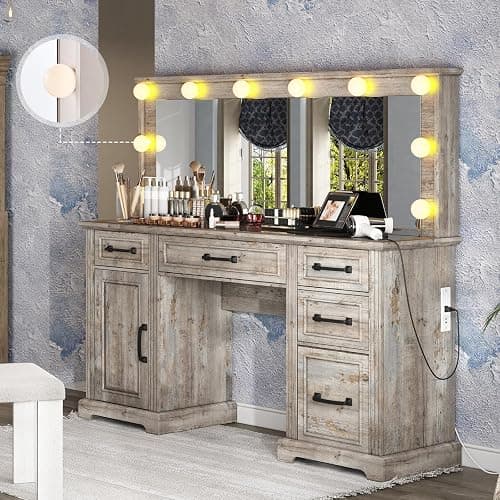 AMERLIFE 55" W Makeup Vanity with Hollywood Mirror, Glass Top Vanity with 5 Drawers & Charging Station, 10 Detachable Light Bulbs, Adjustable Brightness, Light Oak thumbnail 9