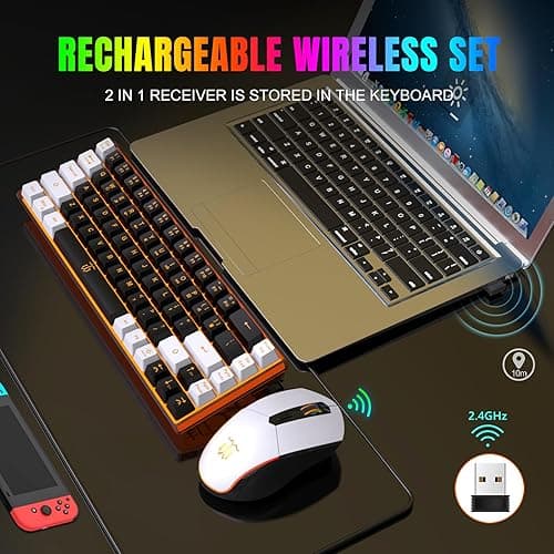 Snpurdiri 60% Wireless Gaming Keyboard and Mouse Combo,Orange Backlit Rechargeable 2000mAh Battery,Mini Mechanical Feel Anti-ghosting Keyboard + Popular RGB Mice for Gaming, Office(Black-White) thumbnail 3