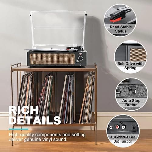 Vinyl Record Player with Speakers Vintage Turntable for Vinyls Records Belt-Driven Turn Table Support 3-Speed, Wireless Playback, Headphone, AUX-in, RCA Line LP Phonograph for Sound Enjoyment Black thumbnail 4