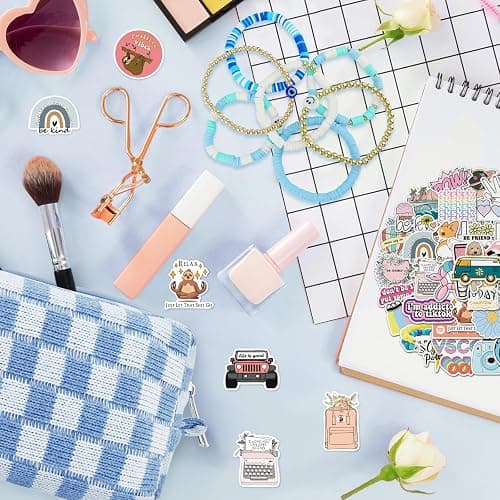 Giesiery 58 Pcs Checkered Makeup Bag Set Preppy Aesthetic Cosmetic Bag Travel Makeup Pouch Toiletry Bag 7 Pcs Heishi Surfer Bracelets with 50 Pcs Cute Stickers for Women Girls Teens Gift thumbnail 2
