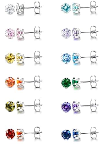 LOYALLOOK 12 Pairs Stainless Steel Cubic Zirconia Stud Earrings, Brilliant Cut Round CZ Earrings set, Birthstone Stud Earrings for Women - Image 1