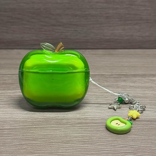 Apple-Shaped Wireless Earbuds Case,Transparent TPU Shockproof Protective Cover,Cute Fruit Design Case (Green-Apple Pendant, for Airpods Pro 3) - Image 1