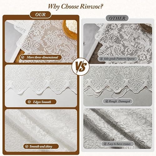 Rinwoc White Lace Semi-Sheer Curtains – Vintage Floral Lace for Bedroom/Bathroom, Light Filtering Rod Pocket Drapes, Privacy Chic Window Treatments Scalloped Hem, 52W x 72L Inch, 2-Panel Set thumbnail 5