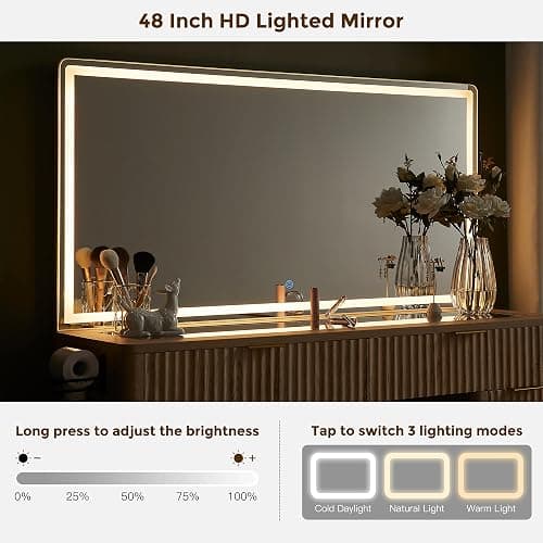 T4TREAM 48" Fluted Makeup Vanity Desk with Large Led Lighted Mirror, Modern Vanity Table with 8 Drawers & Charging Station, Glass Top Dressing Table for Bedroom, Natural Oak thumbnail 3