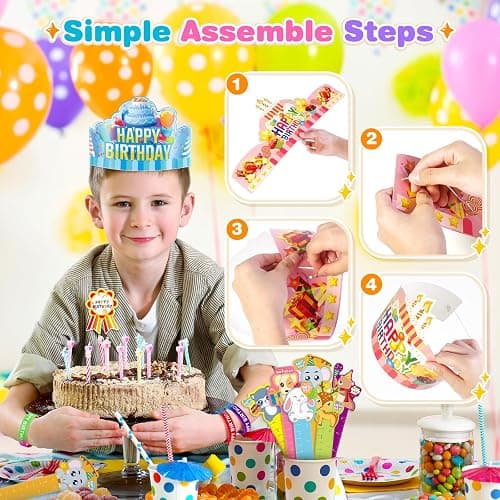 LACCHOUFEE 120 Pieces Happy Birthday Kits for Kids Classroom - Include Adjustable Happy Birthday Hats, Colored Silicone Stretches, Badge Stickers and Pencils, School Kindergarten Party Supplies thumbnail 3