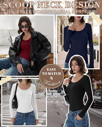 Ficerd 4 Pack Women's Scoop Neck Tops Long Sleeve Slim Fit T-Shirts Stretchy Tight Casual Plain Layering Shirts Tees thumbnail 2