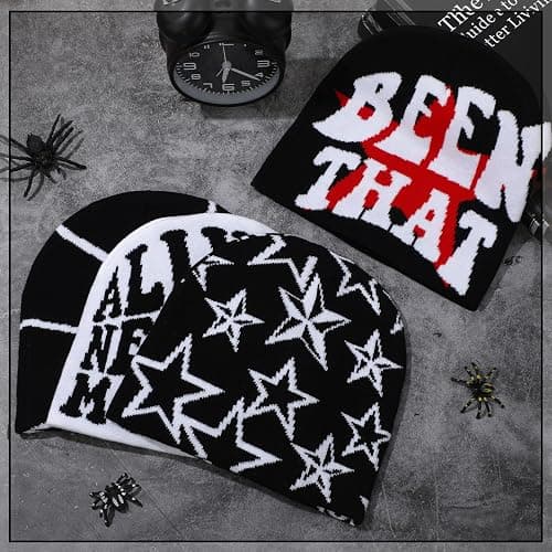 Ramede 4 Pcs Y2k Beanie Pack - Double Sided Graphic Beanies for Men and Women, Acrylic Knitted Y2k Hats Accessories - Knitting - Multiple thumbnail 4