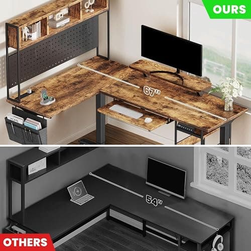 Flycity Electric L Shaped Standing Desk Adjustable Height, 67" x 47" Corner Computer Desk with Host Shelf, Gaming Desk with LED Lights & Power Outlet, Dual Motor Home Office Desk with Storage, Brown thumbnail 9